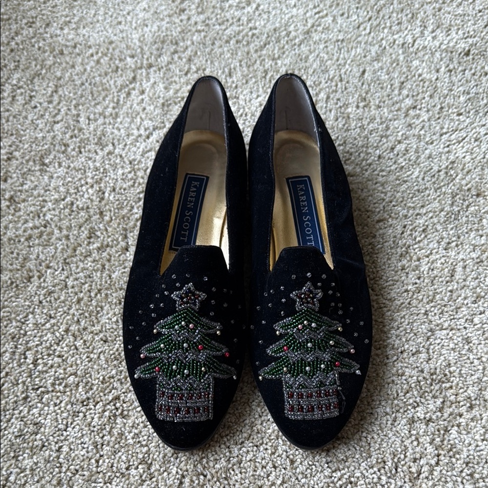 Karen Scott Black Christmas Tree Beaded Flats